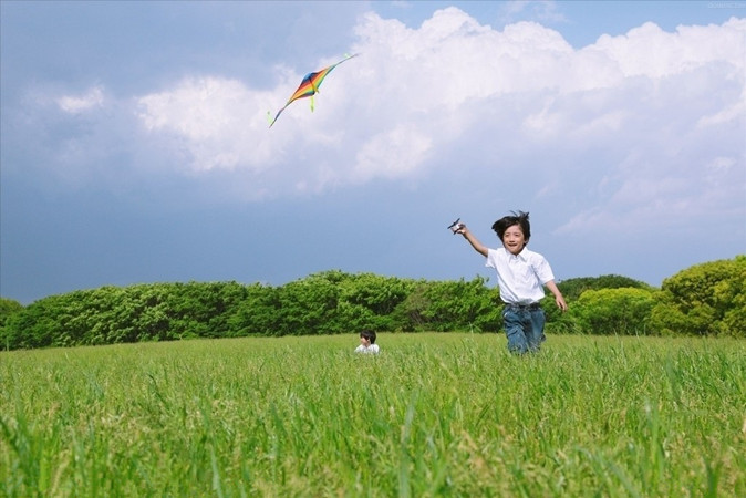 在田野里放风筝的儿童