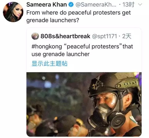 而在看到手持武器的香港示威者照片时，她还发文质疑“这些‘和平示威者’从哪里得到的榴弹发射器？”
