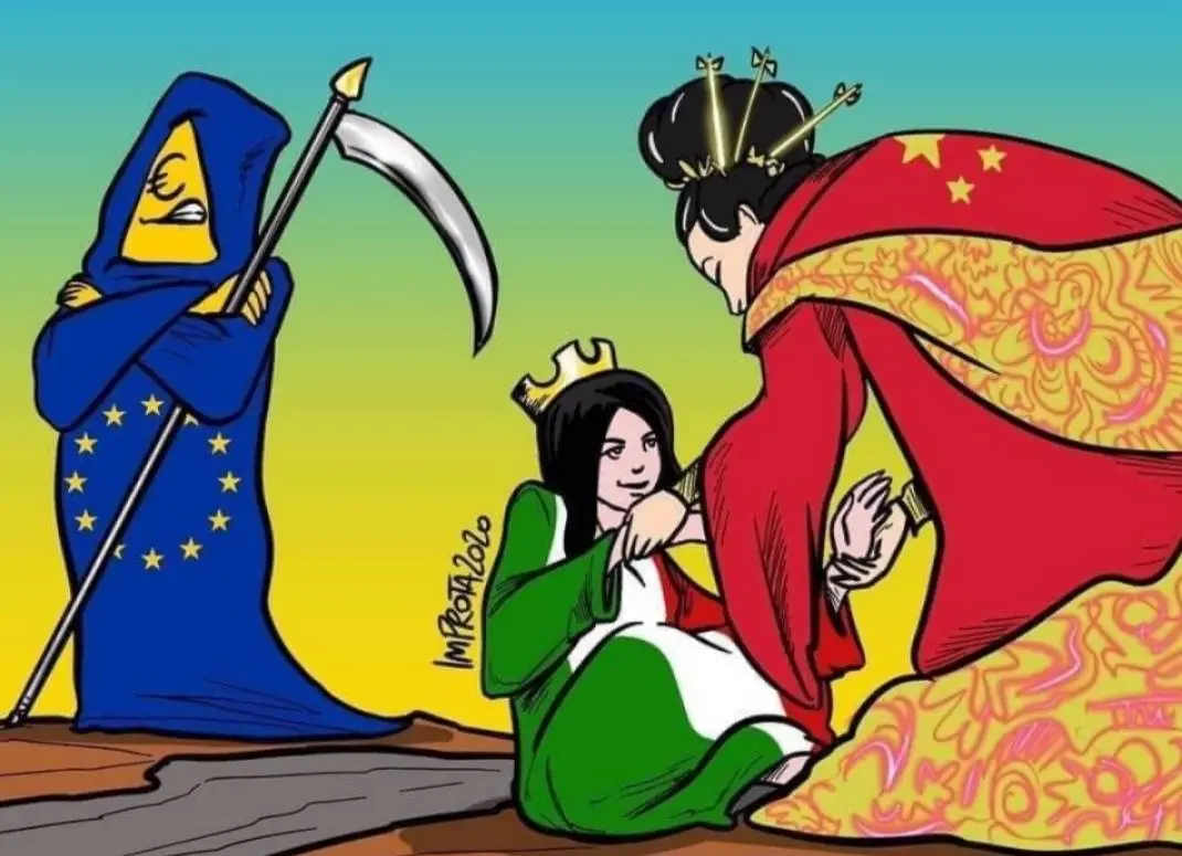 意大利人绘制的漫画：是“王母娘娘”救了意大利，而欧盟却举着死神镰刀看意大利自生自灭