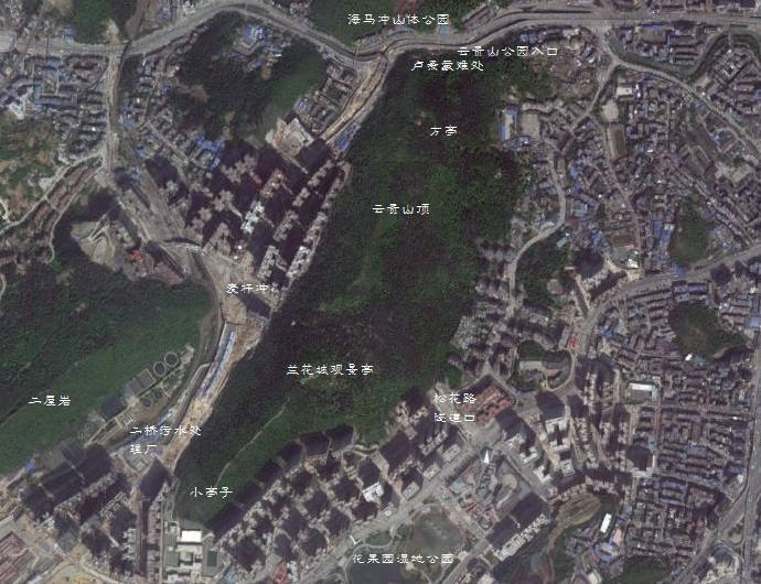 贵阳市云贵山山头公园和花果园兰花坡森林公园卫星地图