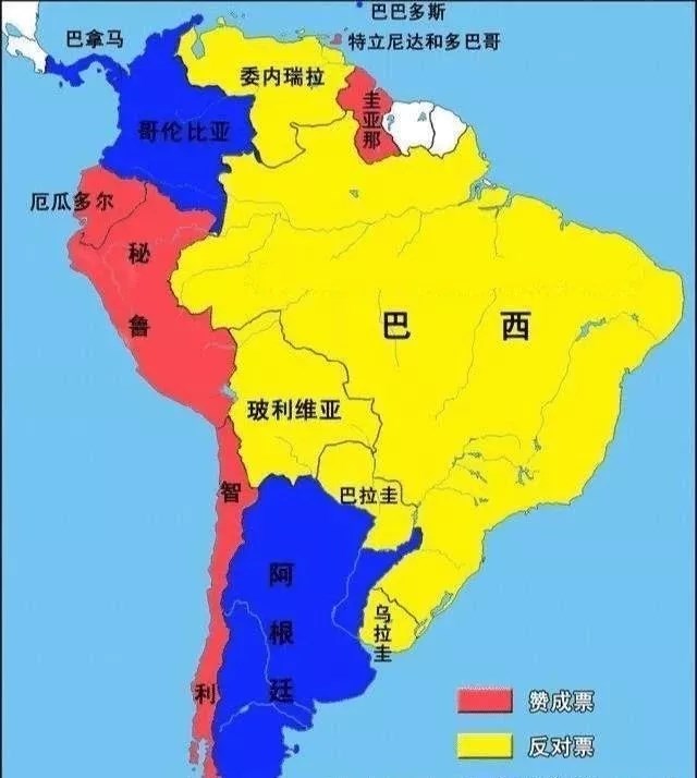 南美洲共13国投票：赞成票5票，反对票5票，弃权票3票。
