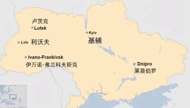 乌克兰西部城市卢茨克（Lutsk）和伊万诺-弗兰科夫斯克（Ivano-Frankivsk）位置示意图